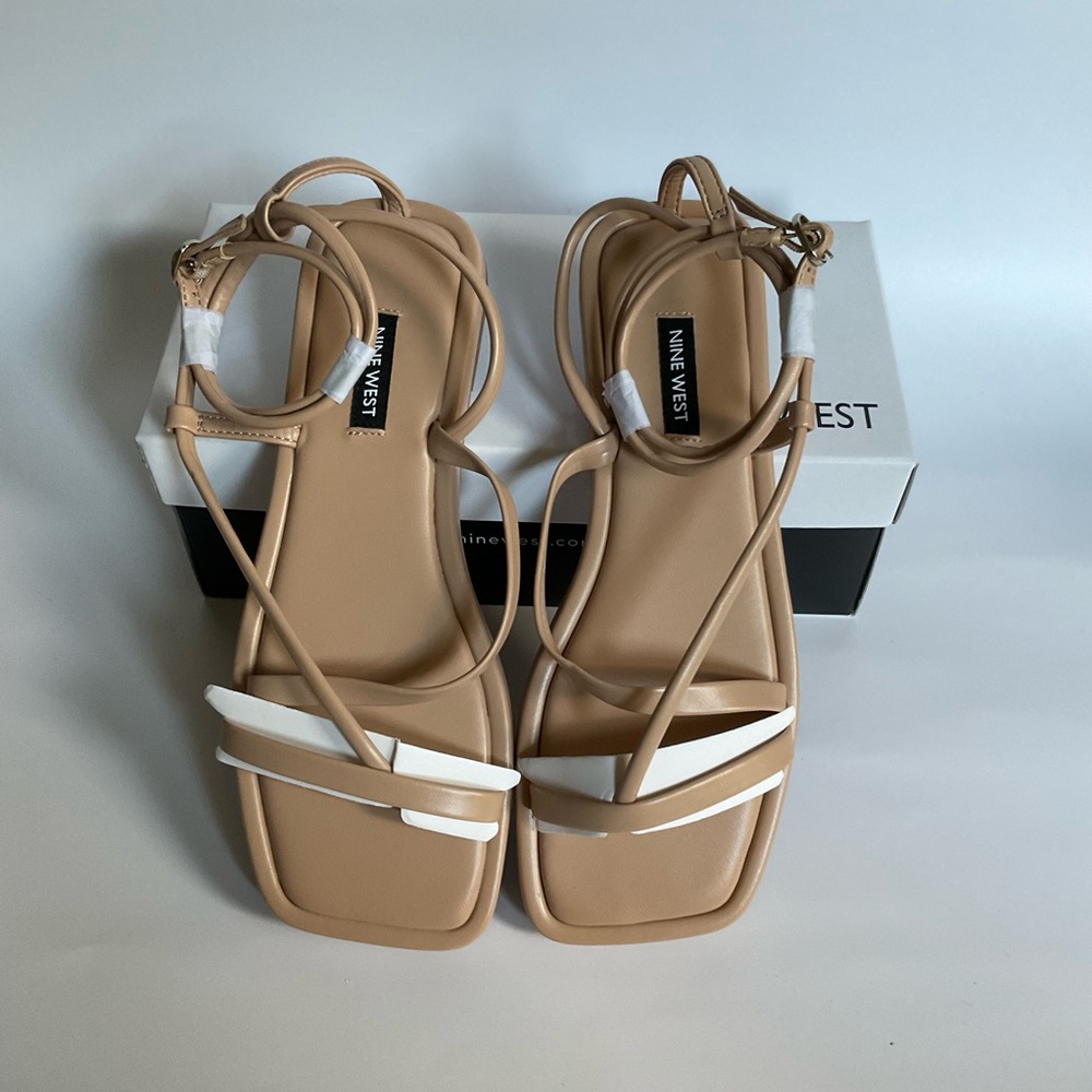Nine West Tan and White Flat Sandals with Square-Toe Design